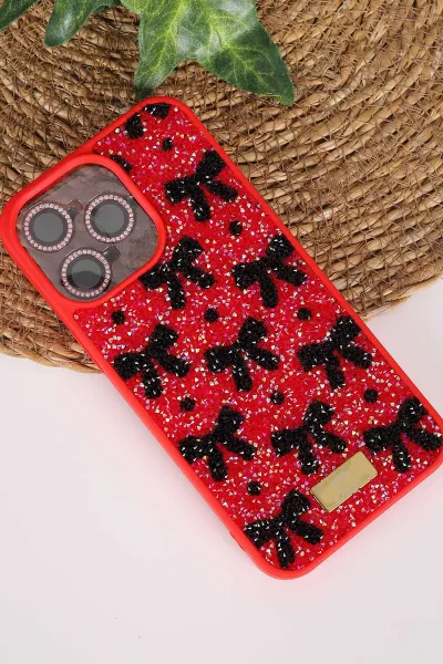 Kırmızı TeknoCase İPhone 15 Pro Max Uyumlu Perfect Diamond Case Serisi Taşlı Lens Hediyeli Sert Silikon Telefon Kılıfı 480822
