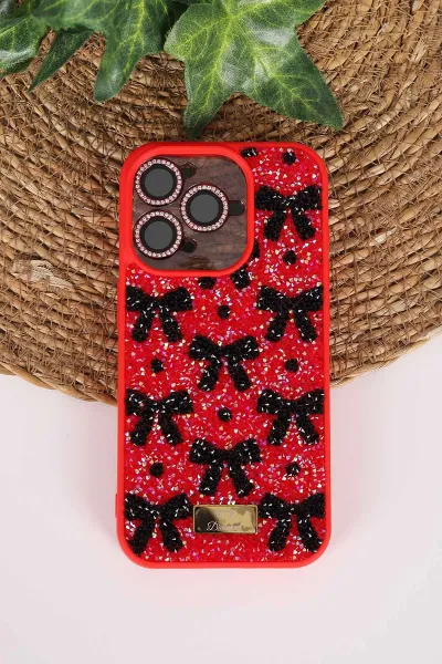 Kırmızı TeknoCase İPhone 15 Pro Uyumlu Perfect Diamond Case Serisi Taşlı Lens Hediyeli Sert Silikon Telefon Kılıfı 480816