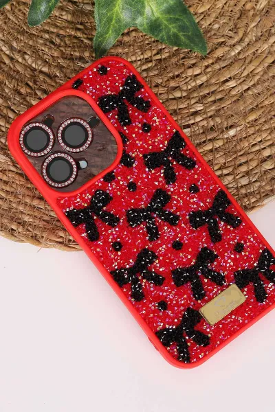 Kırmızı TeknoCase İPhone 15 Pro Uyumlu Perfect Diamond Case Serisi Taşlı Lens Hediyeli Sert Silikon Telefon Kılıfı 480816