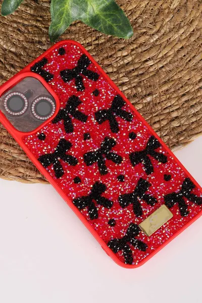 Kırmızı TeknoCase İPhone 15 Uyumlu Perfect Diamond Case Serisi Taşlı Lens Hediyeli Sert Silikon Telefon Kılıfı 480810