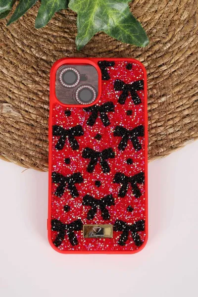 Kırmızı TeknoCase İPhone 15 Uyumlu Perfect Diamond Case Serisi Taşlı Lens Hediyeli Sert Silikon Telefon Kılıfı 480810