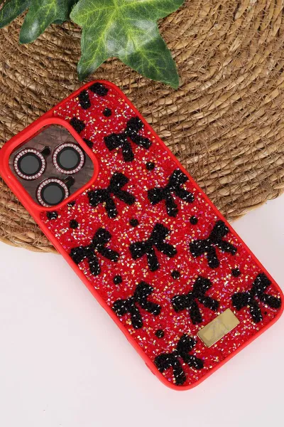 Kırmızı TeknoCase İPhone 16 Pro Max Uyumlu Perfect Diamond Case Serisi Taşlı Lens Hediyeli Sert Silikon Telefon Kılıfı 480847