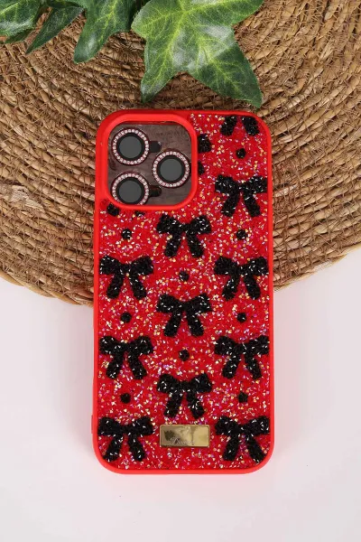 Kırmızı TeknoCase İPhone 16 Pro Max Uyumlu Perfect Diamond Case Serisi Taşlı Lens Hediyeli Sert Silikon Telefon Kılıfı 480847