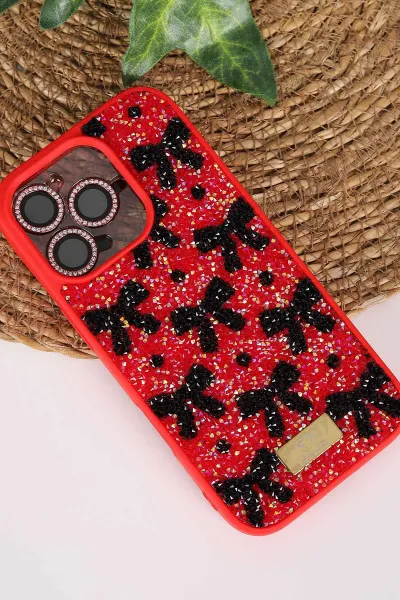 Kırmızı TeknoCase İPhone 16 Pro Uyumlu Perfect Diamond Case Serisi Taşlı Lens Hediyeli Sert Silikon Telefon Kılıfı 480837