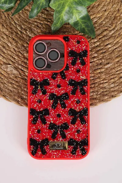 Kırmızı TeknoCase İPhone 16 Pro Uyumlu Perfect Diamond Case Serisi Taşlı Lens Hediyeli Sert Silikon Telefon Kılıfı 480837