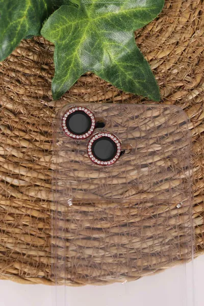 Kırmızı TeknoCase İPhone 16 Uyumlu Perfect Diamond Case Serisi Taşlı Lens Hediyeli Sert Silikon Telefon Kılıfı 480831