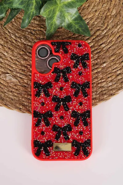 Kırmızı TeknoCase İPhone 16 Uyumlu Perfect Diamond Case Serisi Taşlı Lens Hediyeli Sert Silikon Telefon Kılıfı 480831