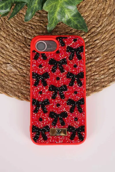 Kırmızı TeknoCase İPhone 16E & 17E Uyumlu Perfect Diamond Case Serisi Taşlı Lens Hediyeli Sert Silikon Telefon Kılıfı 480890