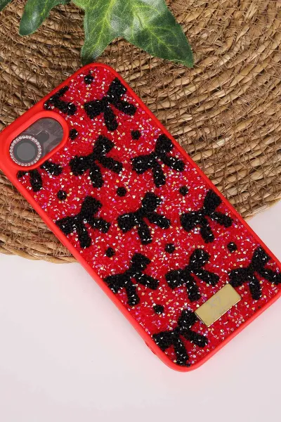 Kırmızı TeknoCase İPhone 16E & 17E Uyumlu Perfect Diamond Case Serisi Taşlı Lens Hediyeli Sert Silikon Telefon Kılıfı 480890