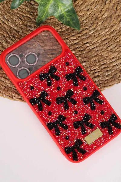 Kırmızı TeknoCase İPhone 17 Pro Max Uyumlu Perfect Diamond Case Serisi Taşlı Lens Hediyeli Sert Silikon Telefon Kılıfı 480866