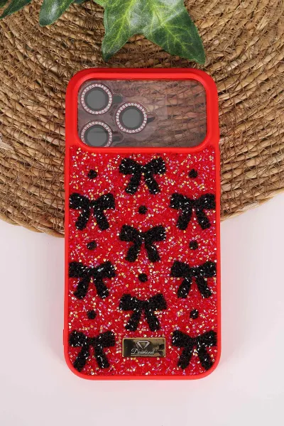 Kırmızı TeknoCase İPhone 17 Pro Max Uyumlu Perfect Diamond Case Serisi Taşlı Lens Hediyeli Sert Silikon Telefon Kılıfı 480866