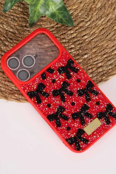 Kırmızı TeknoCase İPhone 17 Pro Uyumlu Perfect Diamond Case Serisi Taşlı Lens Hediyeli Sert Silikon Telefon Kılıfı 480859