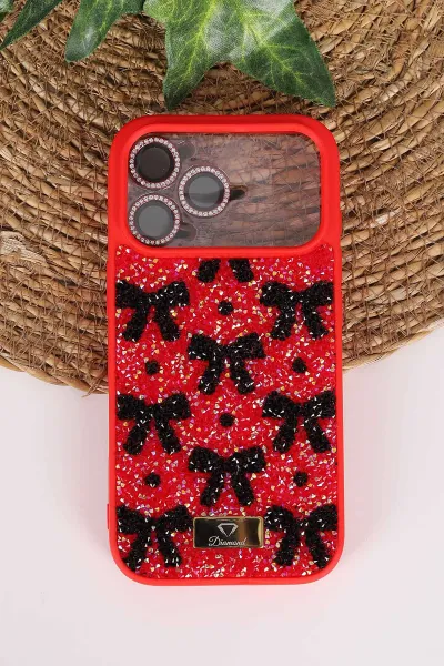 Kırmızı TeknoCase İPhone 17 Pro Uyumlu Perfect Diamond Case Serisi Taşlı Lens Hediyeli Sert Silikon Telefon Kılıfı 480859