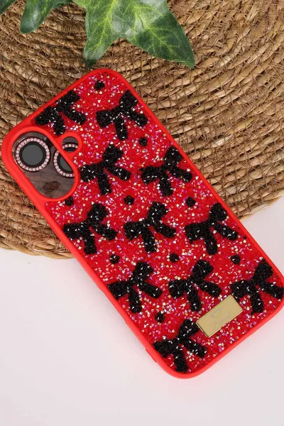 Kırmızı TeknoCase İPhone 17 Uyumlu Perfect Diamond Case Serisi Taşlı Lens Hediyeli Sert Silikon Telefon Kılıfı 480853