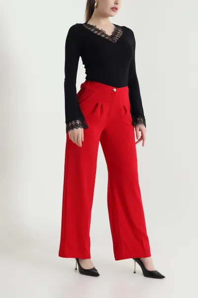 Kırmızı Tensel Crep Beli Lastikli Kadın Pantolon 440772