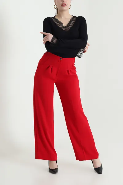 Kırmızı Tensel Crep Beli Lastikli Kadın Pantolon 440772