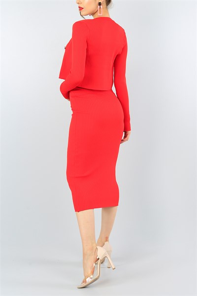 Kırmızı Triko Hırka Elbise Bayan İkili Takım 41545