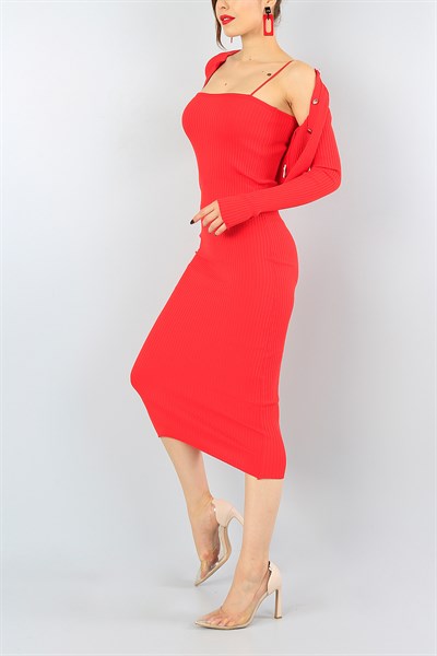 Kırmızı Triko Hırka Elbise Bayan İkili Takım 41545