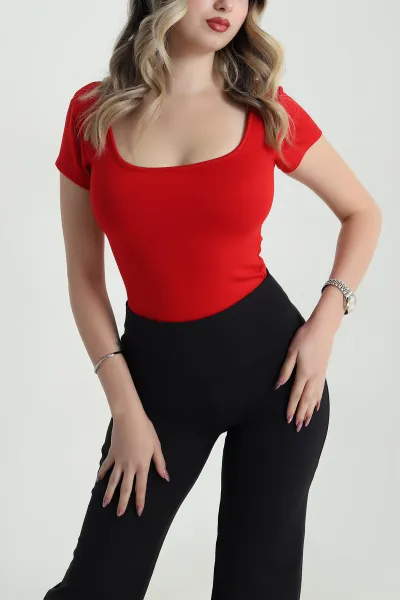 Kırmızı U Yaka Buzzy Kadın Bluz 479587