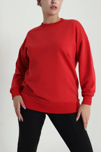 Kırmızı Üç İp Bisiklet Yaka Kadın Sweat 483661
