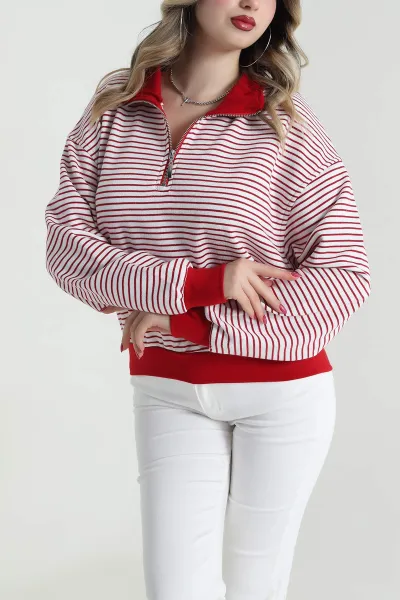 Kırmızı Üç İp Çizgili Kadın Sweat 492436