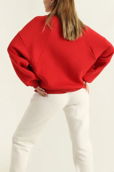 Kırmızı Üç İp Şardonlu Bayan Sweat 307040