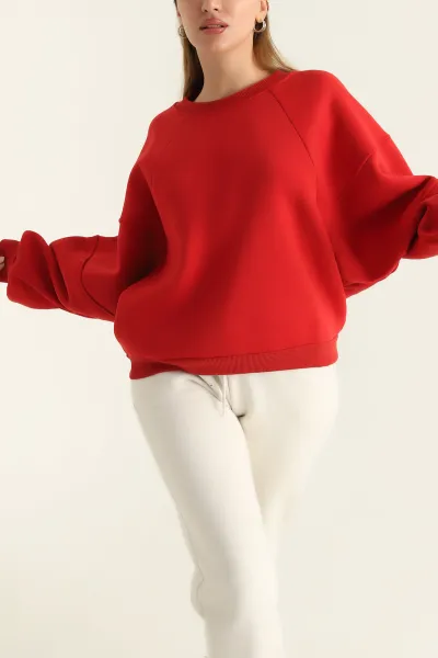 Kırmızı Üç İp Şardonlu Bayan Sweat 307040