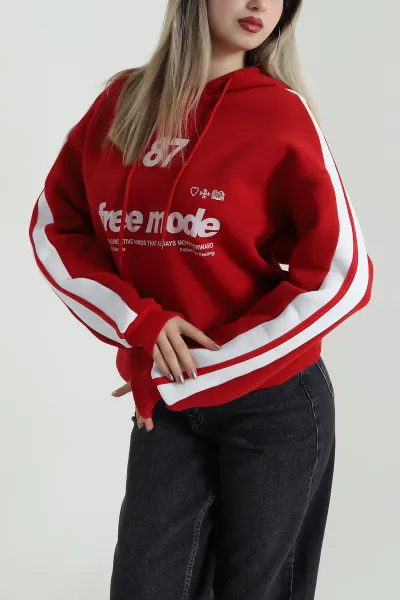 Kırmızı Üç İp Şardonlu Kadın Sweat 487724