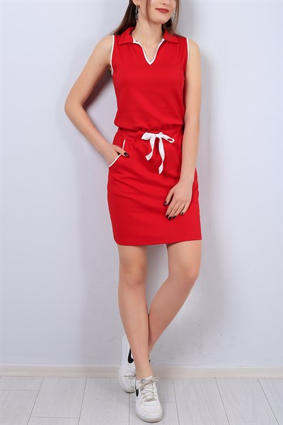 Kırmızı V Yaka Bayan Kapüşonlu Elbise 13084B