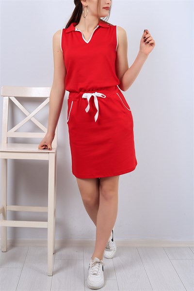 Kırmızı V Yaka Bayan Kapüşonlu Elbise 13084B