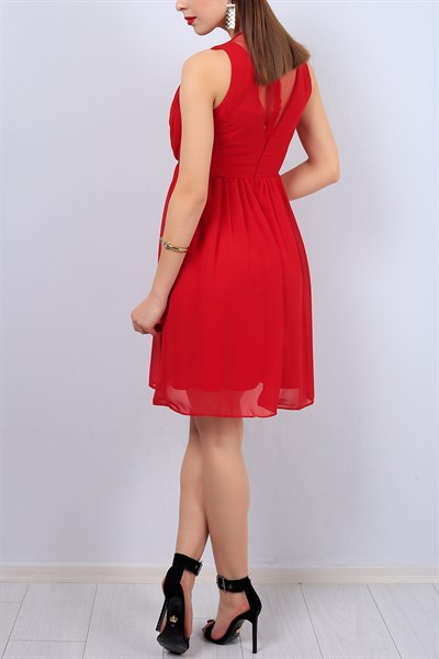 Kırmızı V Yaka Bayan Şifon Elbise 12597B