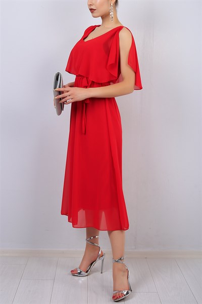 Kırmızı V Yaka Bayan Şifon Elbise 14712B