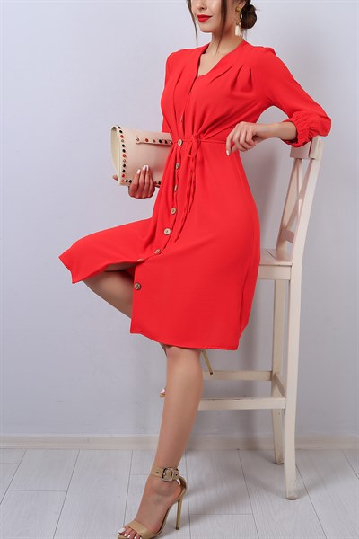 Kırmızı V Yaka Boydan Düğmeli Bayan Elbise 14131B