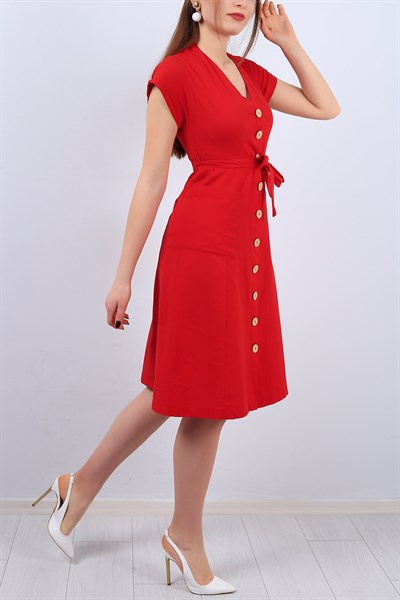 Kırmızı V Yaka Boydan Düğmeli Bayan Elbise 13136B