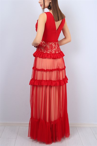Kırmızı V Yaka Fırfırlı Bayan Elbise 12631B