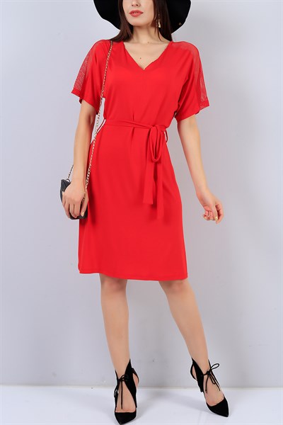 Kırmızı V Yaka Kol Detay Bayan Elbise 15424B