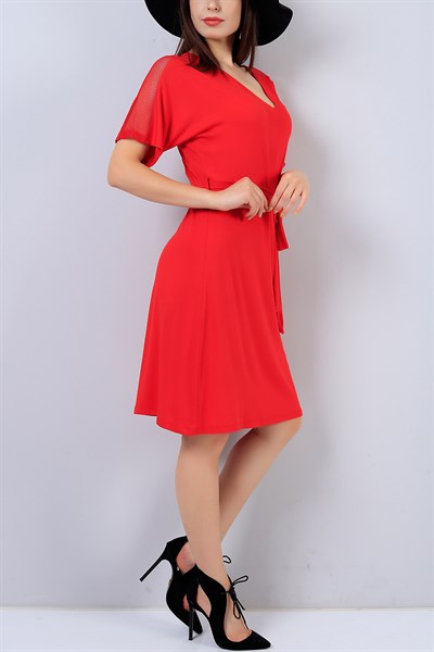 Kırmızı V Yaka Kol Detay Bayan Elbise 15424B