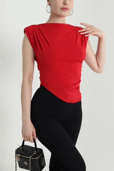 Kırmızı Vatkalı Büzgülü Kadın Bluz 473710