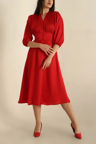 Kırmızı Vatkalı Düğmeli Aerobin Saten Elbise 261366