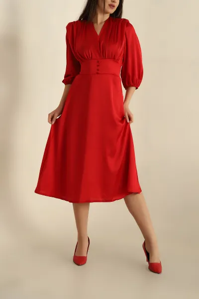 Kırmızı Vatkalı Düğmeli Aerobin Saten Elbise 261366