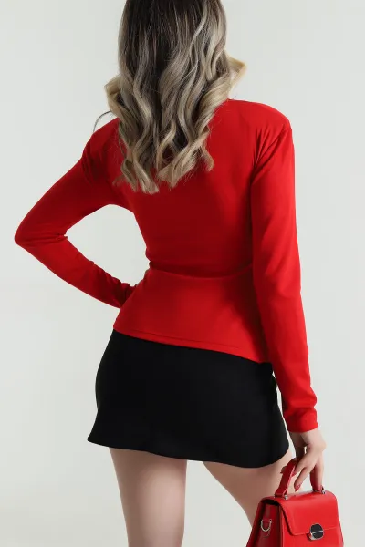 Kırmızı Vatkalı Düğmeli Modal Kadın Bluz 484989