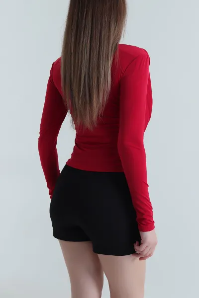 Kırmızı Vatkalı Likralı Degaje Yaka Sandy Kadın Bluz 494343