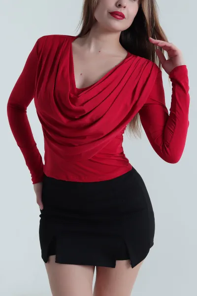 Kırmızı Vatkalı Likralı Degaje Yaka Sandy Kadın Bluz 494343