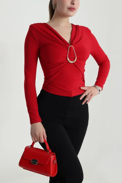 Kırmızı Vatkalı Tokalı Sandy Kadın Bluz 484955