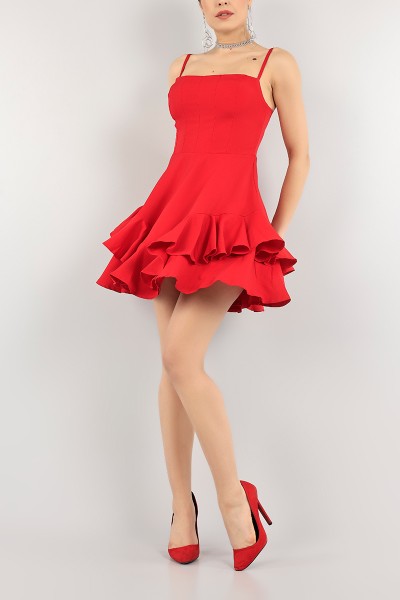 Kırmızı Volanlı Tasarım Destekli Elbise 104393