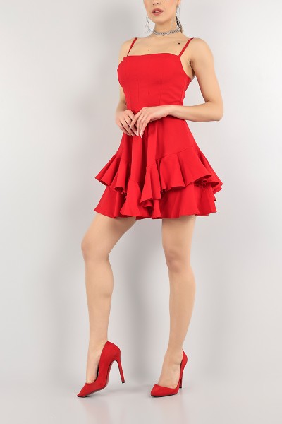 Kırmızı Volanlı Tasarım Destekli Elbise 104393