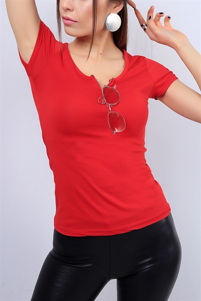 Kırmızı Yaka Fermuarlı Bayan Tişört 12503B