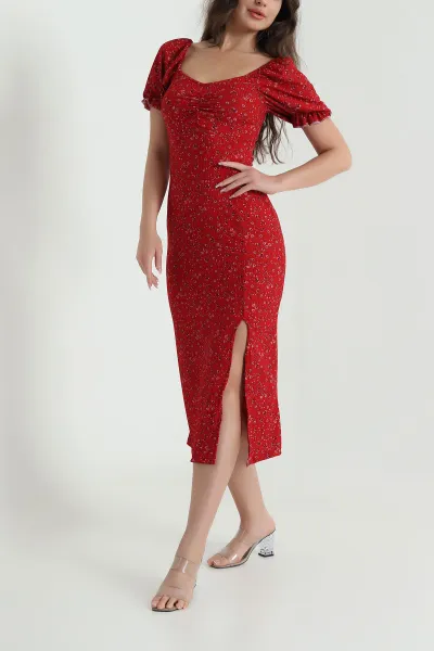 Kırmızı Yaka ve Kol Lastikli Helen Kadın Elbise 463071