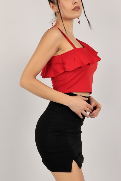 Kırmızı Yaka Volanlı Açık Omuz Bluz 142877