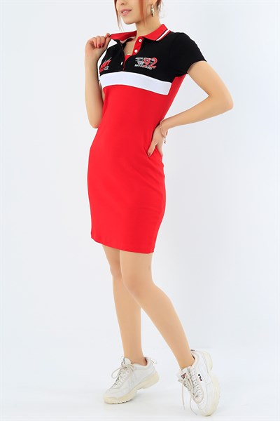 Kırmızı Yakalı Likralı Elbise 31213